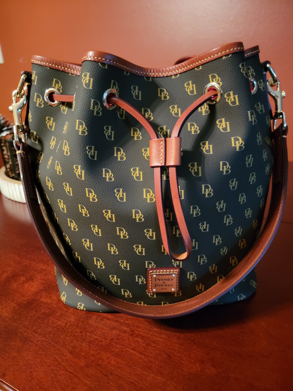 Dooney & Bourke Gretta Medium Monogram Drawstring Bucket Bag with Brown Trim